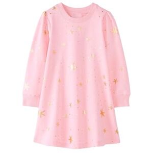 Hanna Andersson Pink Gold Star Print Long Sleeve Dress Girls Size 6-7 120cm